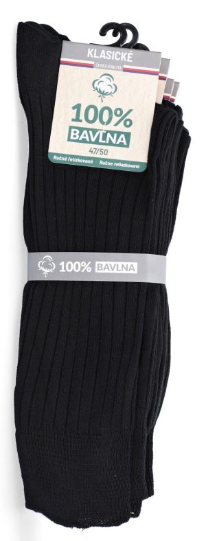 Čierne tenké 100% bavlnené rebrované zdravotné ponožky, 47-50